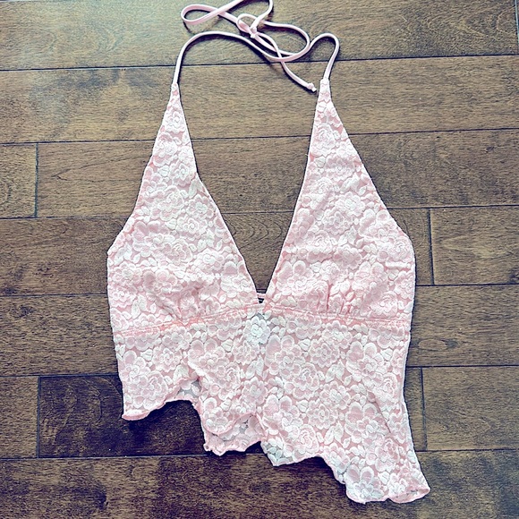 Maria Morena Y2K Pink Lace Asymmetrical Halter Crop Top XS/S - Picture 1 of 7
